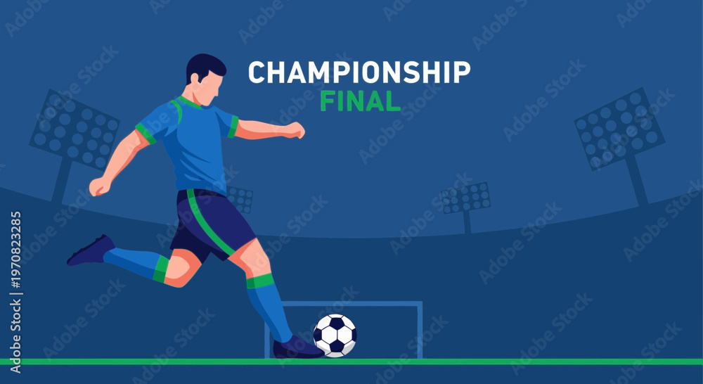 Obraz premium Soccer Player Kicks Ball Towards Goal During Championship Final Match On Field