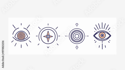 Four stylized illustrations, featuring eyes, compass, and target-like shapes, with linear details and light color scheme