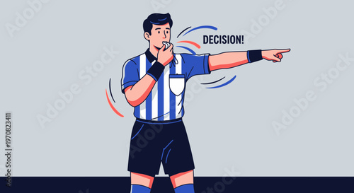 Soccer Referee Blows Whistle Makes Decision Pointing Direction Energetic Motion