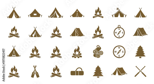 Camping icons set with tents campfires compass trees logs backpacks