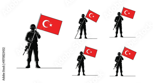 Silhouetted soldiers holding and standing with turkish flags on white background