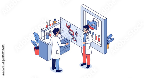 Two scientists in lab coats working.