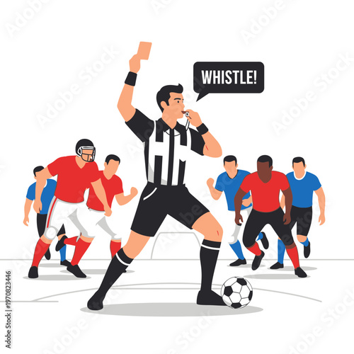 Soccer Referee Issuing a Penalty, Showing a Red Card, and Calling a Foul with Players