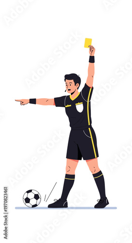Soccer Referee Issuing a Yellow Card and Pointing, Illustrated Sport Official Action Depiction