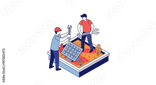 Two workers installing solar panel.