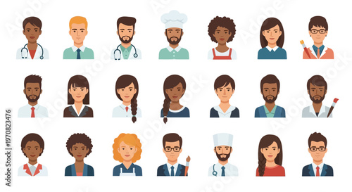 Diverse professional people icons set various occupations and ethnicities