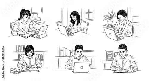 Students diligently studying and working on laptops in a sketched illustration