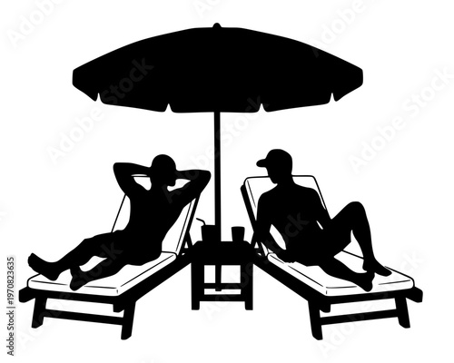 Solid black silhouettes of two people relaxing on lounge chairs under a large beach umbrella. Minimalist vector illustration of men sunbathing on a summer vacation at a tropical resort.