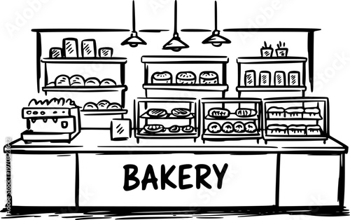 Hand drawn of a bakery counter filled with bread pastries and coffee machine pastry