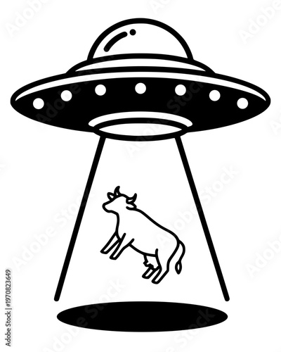 an alien spacecraft kidnapping a cow. Clean, modern vector art depicting a classic science fiction abduction scene. Sharp, isolated icon style ideal for humor, sci-fi, and mystery themes.