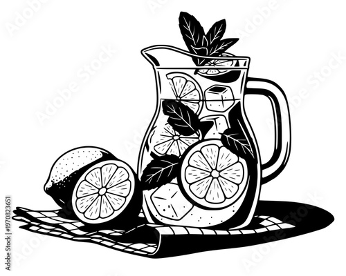 a cold summer beverage in a glass pitcher. Features a whole lemon and a half-cut citrus fruit on a checkered cloth. Sharp, high-contrast line work ideal for menu design, kitchen decor.