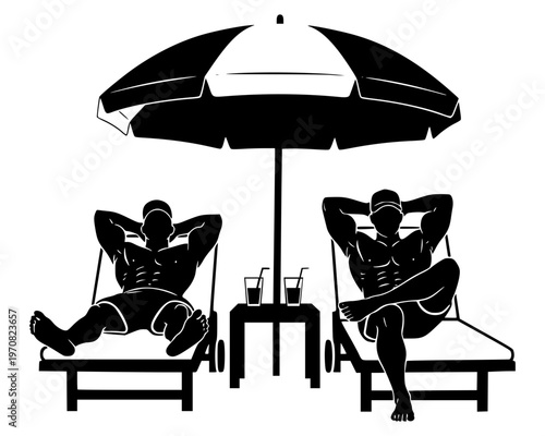 Solid black silhouettes of two people relaxing on lounge chairs under a large beach umbrella. Minimalist vector illustration of men sunbathing on a summer vacation at a tropical resort.