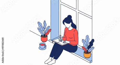 Woman sitting with laptop and plants.