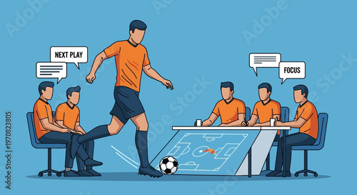 Soccer Strategy Team Analysis Discussing Play Plan With Focus And Direction In Action