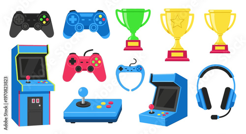 Colorful illustration of various gaming controllers and arcade machines with trophies