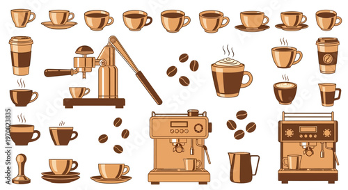 Brown coffee cups and machines illustration set coffee beans and brewers