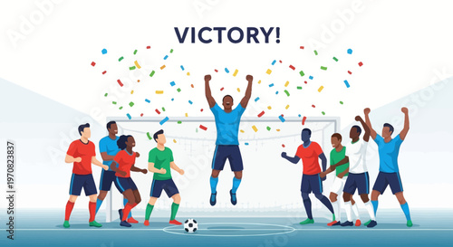 Soccer Team Celebrates A Victorious Goal With Joy, Energy And Colorful Confetti