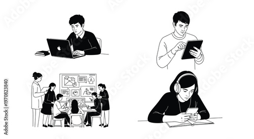 Students diligently studying and working on laptops in a sketched illustration
