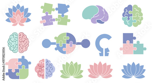 Mental health puzzle pieces brain lotus flower icons set colorful illustrations for psychology and wellness concepts