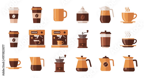 Coffee cups and coffee makers flat icons set coffee shop and restaurant objects