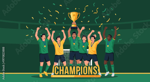 Soccer Team Celebrates Victory, Holding Trophy, Displaying Champions Banner, Victory, Sport