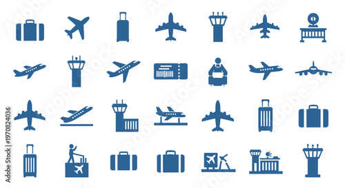 Airport icons travel symbols airplanes luggage travel icons set