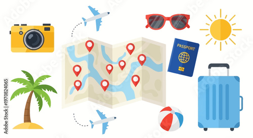 Travel planning concept with map and icons for vacation trip