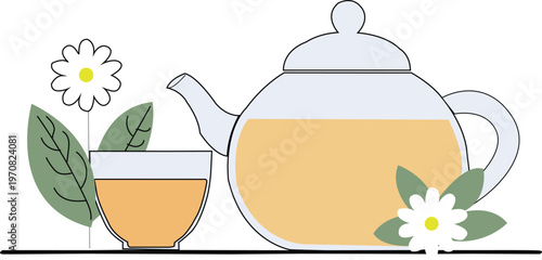 Tea set with flowers and leaves on a table indoors one line style