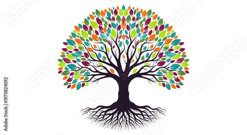 Artistic Tree of Life Illustration with Vibrant Colorful Leaves and Deep Root System Isolated on White background 