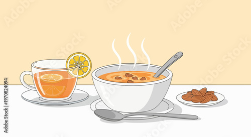 Illustration of a table setting with soup, snacks, and drinks on blue placemats