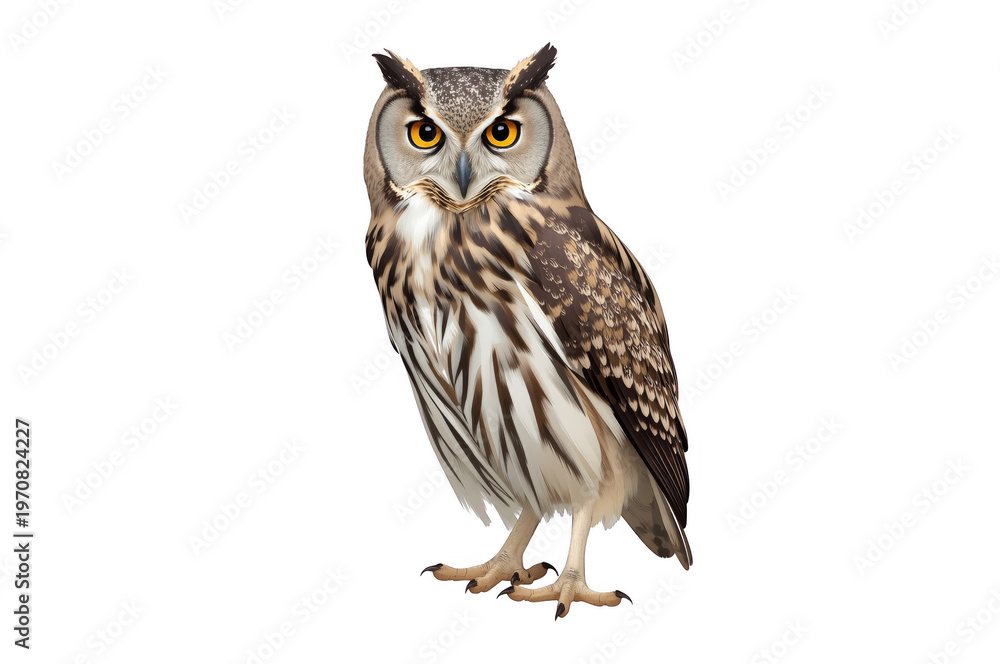 Fototapeta premium Great horned owl standing looking forward transparent background