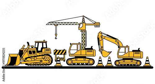 Heavy construction equipment bulldozer crane excavator on road with traffic cones
