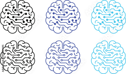 AI brain outline and shilhoutte colourfull icon set
