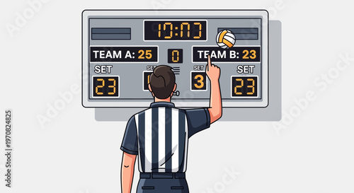 Sports Referee Adjusts Scoreboard With Volleyball Game In Progress