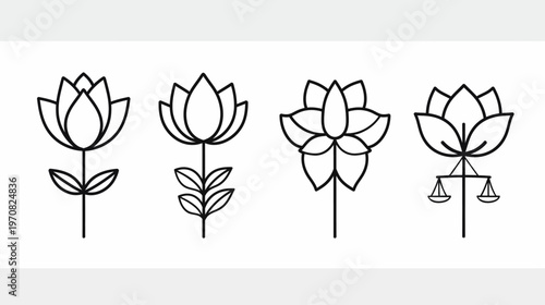 Four stylized line drawings of flowers, one with scales of justice symbol