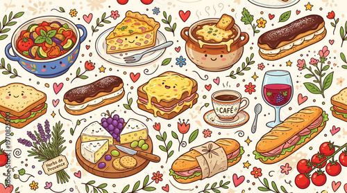 A delightful and charming illustration of French cuisine and treats, featuring a variety of delicious dishes and baked goods.