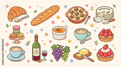 A charming collection of French-inspired food and drinks, including pastries, wine, cheese, and coffee, presented in a delightful illustration.