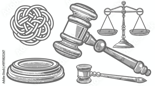 Gray-scale illustrations of legal symbols like a gavel, scales, and a decorative knot