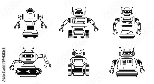 Silhouetted robotic arms and bodies in various configurations displayed on white