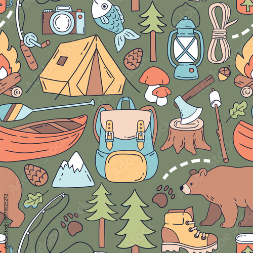 Seamless vector pattern with camping accessories on isolated background. Hand drawn hiking illustration. Perfect for textile, wallpaper or print design.