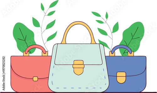 Three colorful handbags with green leaves on white background
