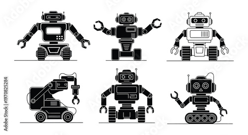 Silhouetted robotic arms and bodies in various configurations displayed on white