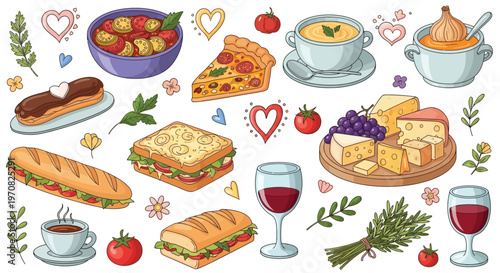 A vibrant collection of delicious food items and drinks, including pizza, sandwiches, cheese, soup, and desserts, artfully arranged with decorative elements.