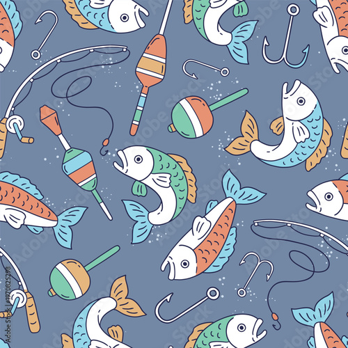 Seamless vector pattern with fish, fishing rod, lure and hook on isolated background. Hand drawn sea fishing illustration. Perfect for textile, wallpaper or print design.