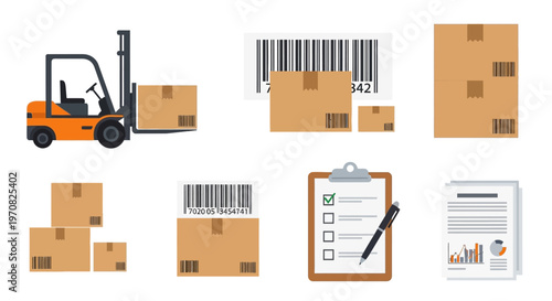 Logistics and shipping concept with cardboard boxes and forklift truck