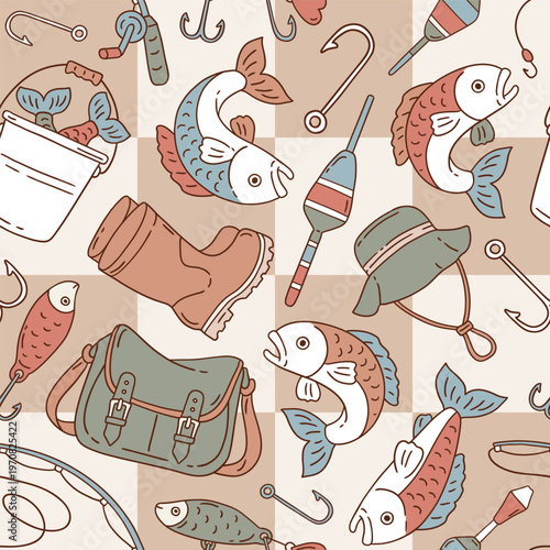 Seamless vector pattern with fish, fishing rod, lure and hook on isolated background. Hand drawn sea fishing illustration. Perfect for textile, wallpaper or print design.