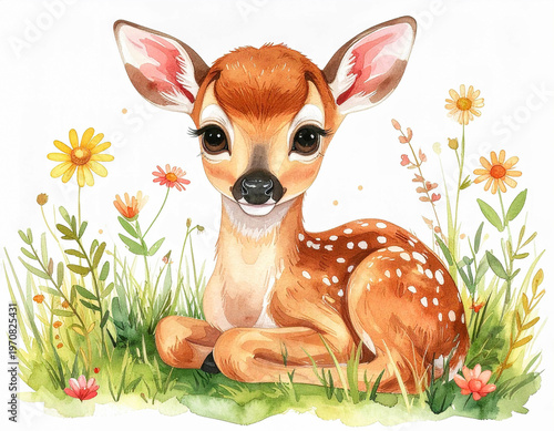 Sweet baby deer watercolor with grass and blooms, cartoon style, gentle colors, isolated on white background