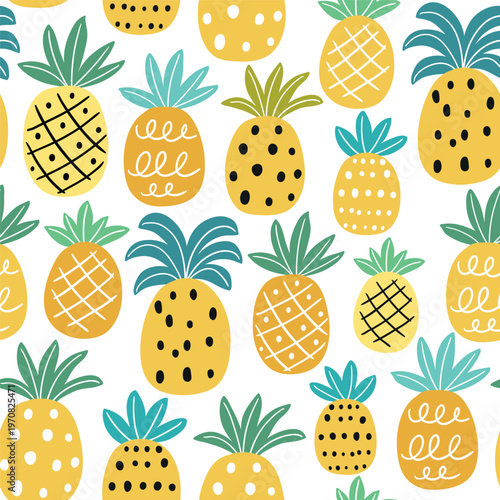Seamless vector pattern with cute pineapples. Hand drawn exotic fruit design. Perfect for textile, wallpaper or nursery print. 