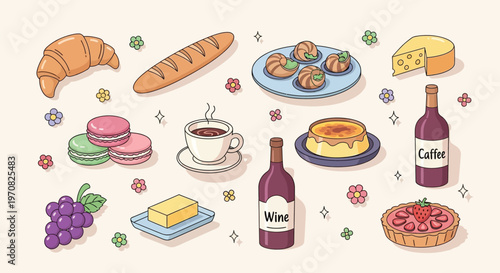 A charming collection of French-inspired food and drink items, including pastries, cheese, wine, and coffee, presented in a delightful illustration.