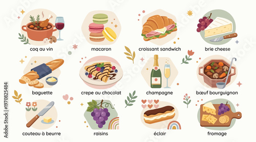 A vibrant illustration showcasing a collection of classic French foods and drinks, presented in a grid of charming hexagonal panels.